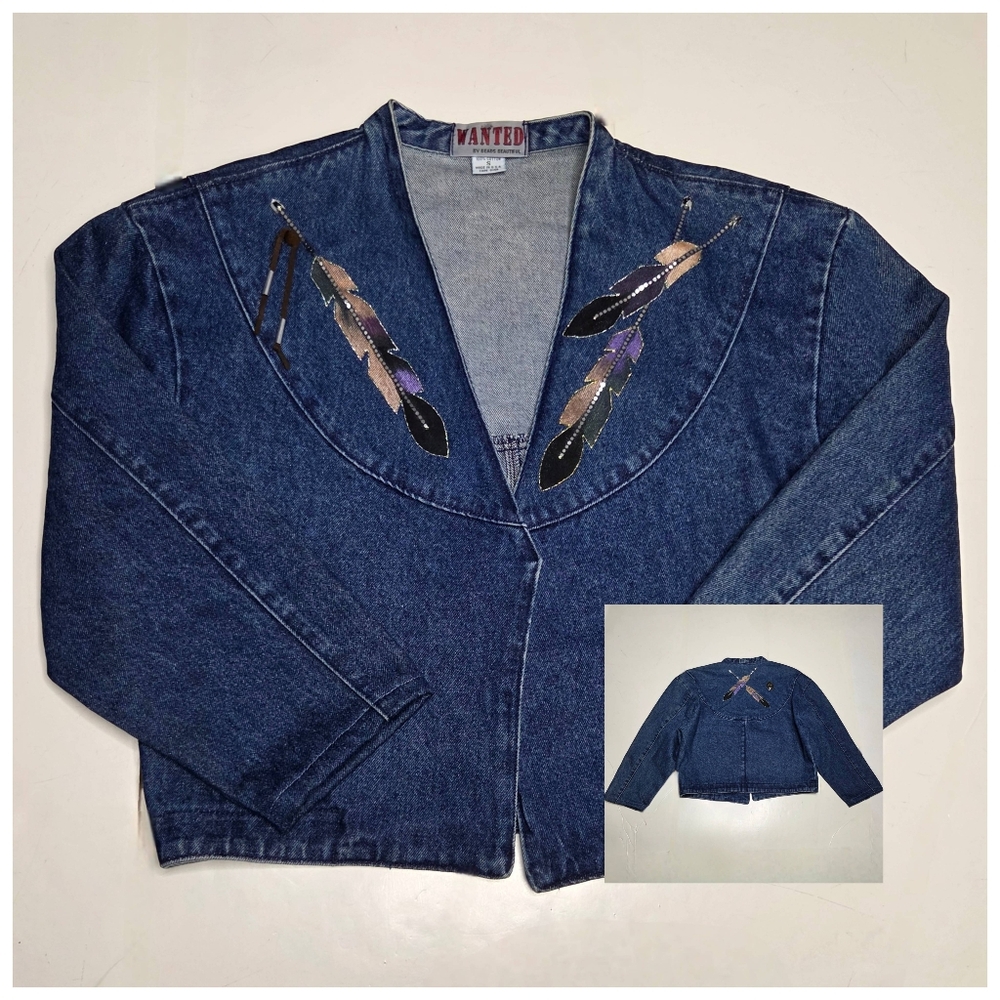 Vintage Wanted Beads Beautiful Western Crop Denim Jacket Feather Cowgirl Art Sm